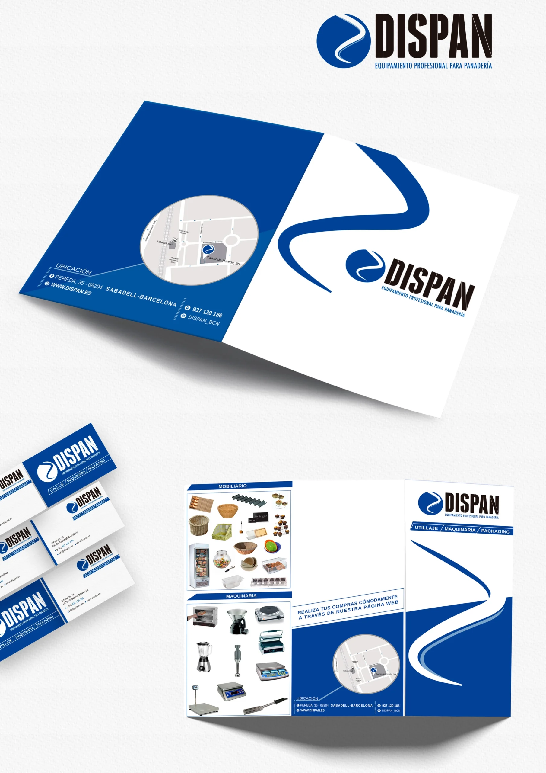 ediseño de identidad corporativa para Dispan: Logotipo, papelería técnica y branding para empresa de maquinaria de panadería en Tarragona.